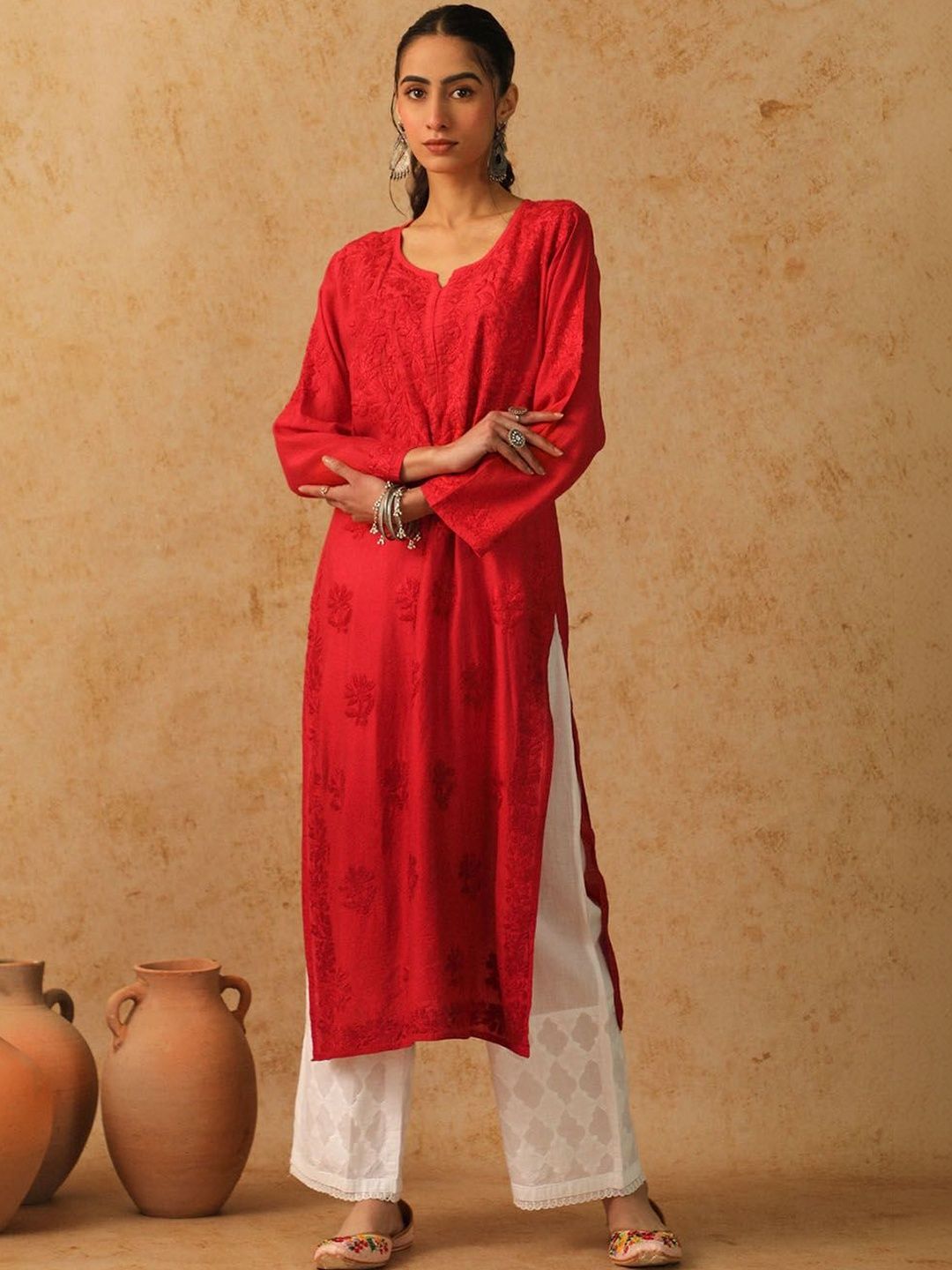 Rumah Wanita Chikankari Sulam Kurta Sutera Chanderi Chikankari