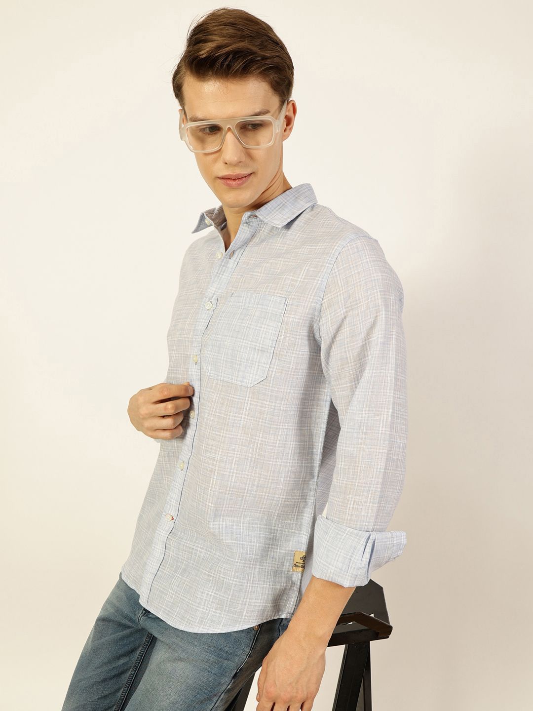 Thomas Scott Men Checked Linen Blend Slim Fit Casual Shirt