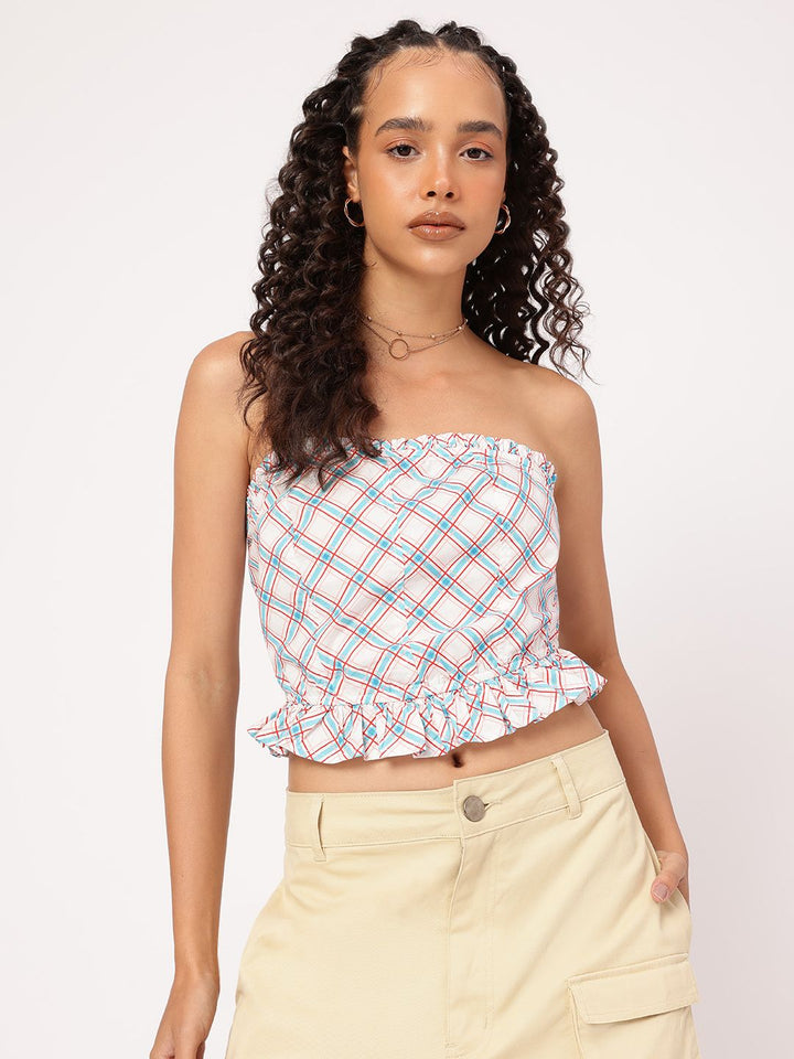 DressBerry Plaid Power Ruffled Crop Bardot Top