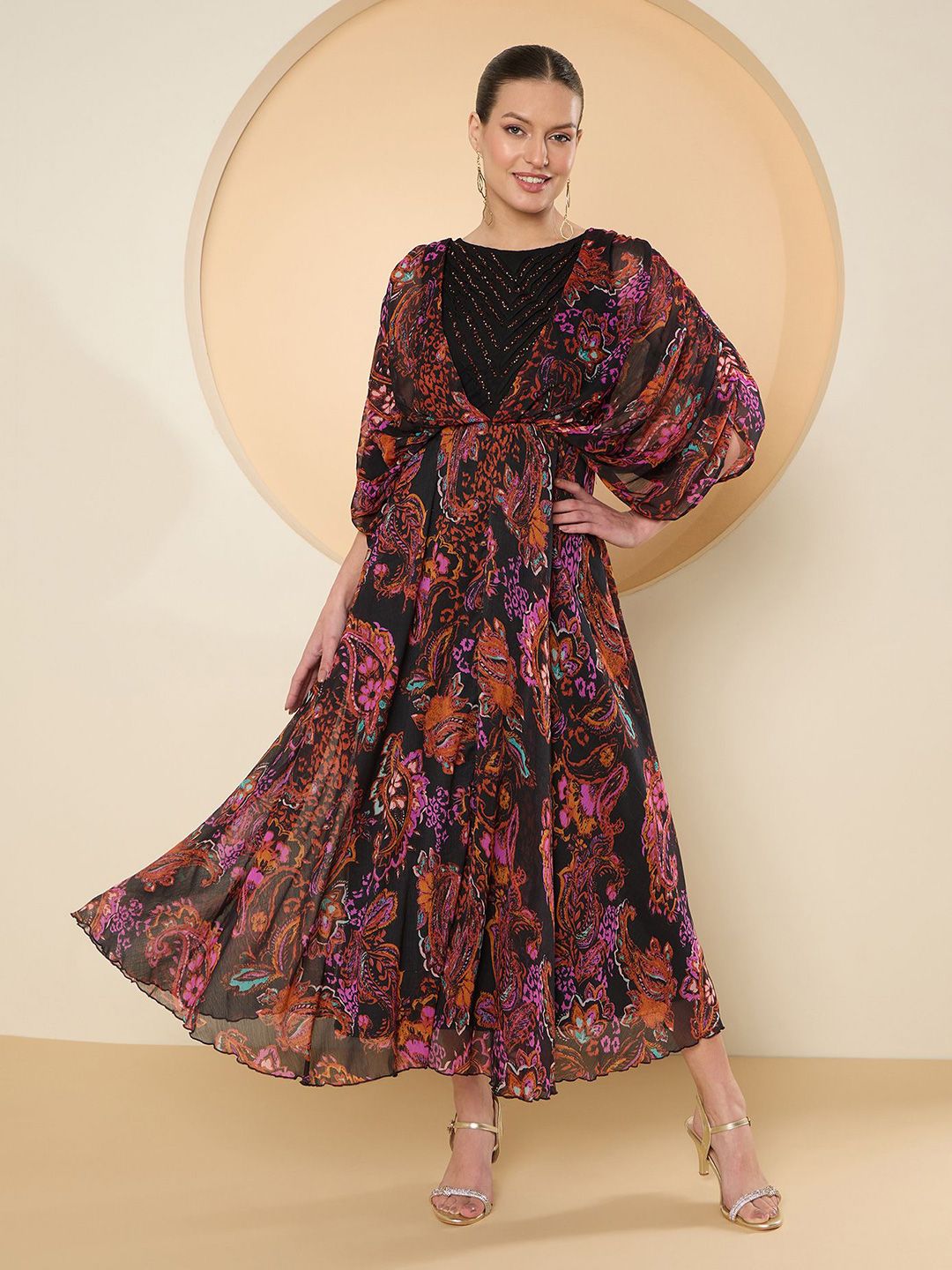 Antheaa Ethnic Motifs  Print Flared Sleeves  Fit And Flare Dress