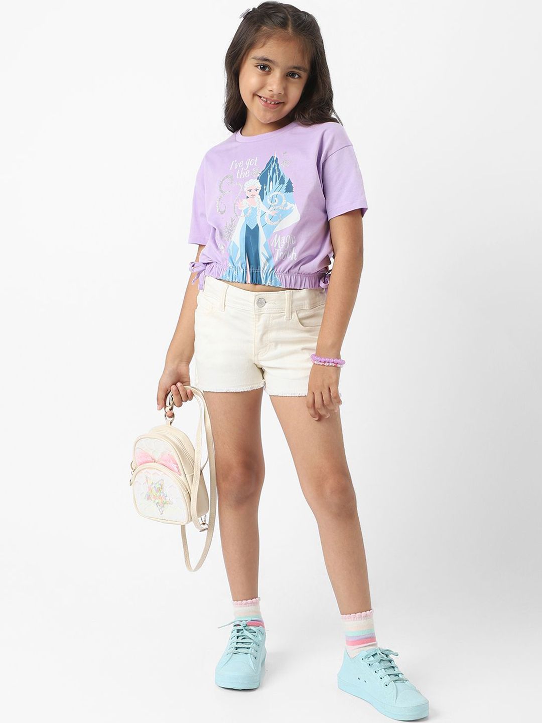 NautiNati Frozen Girls Cotton Elsa Crop T-shirt with Elasticated Hemline & Side Tie Ups