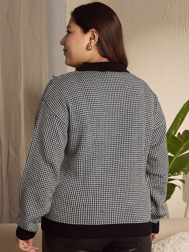 Berrylush Curve Women Printed Shirt Collar Pullover Sweater