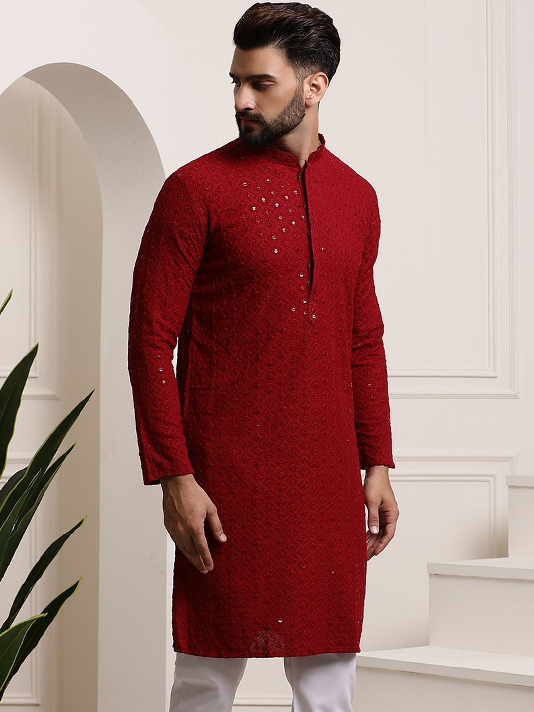 SOJANYA Geometric Embroidered Sequinned Straight Pure Cotton Kurta