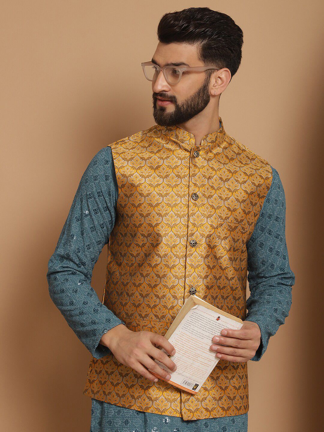 Anouk Sequinned Embroidered Regular Thread Work Kurta & Churidar With Nehru Jacket