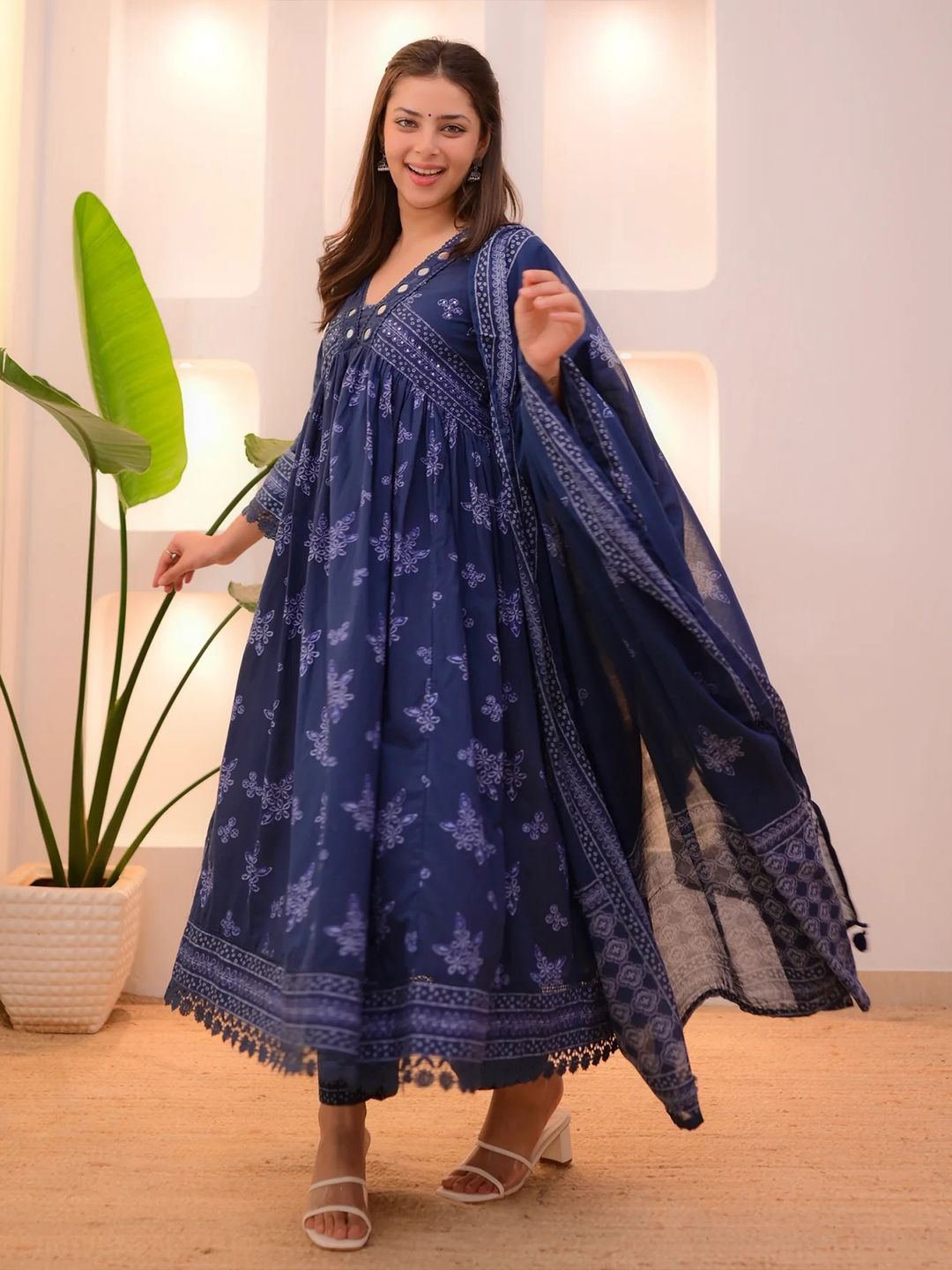 Kalini Floral Printed V-Neck Empire Anarkali Mirror Work Kurta With Trousers & Dupatta