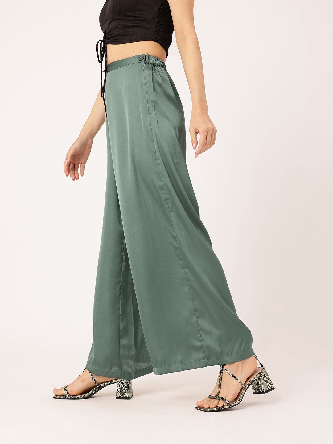 DressBerry Women Cool Matcha Satin Slay Retro Wide Trousers