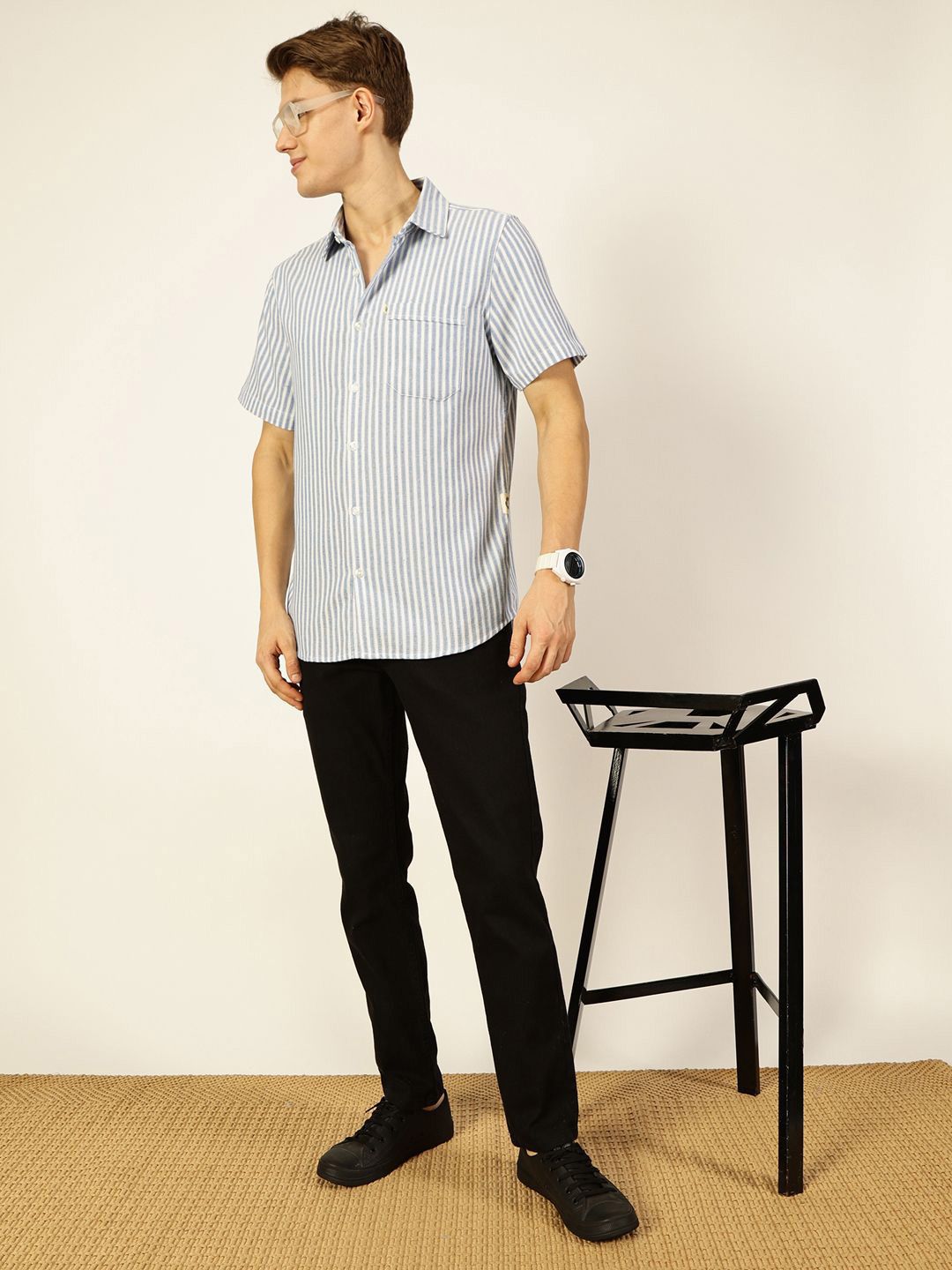 Thomas Scott Men Classic Spread Collar Vertical Striped Cotton Slim Fit Casual Shirt