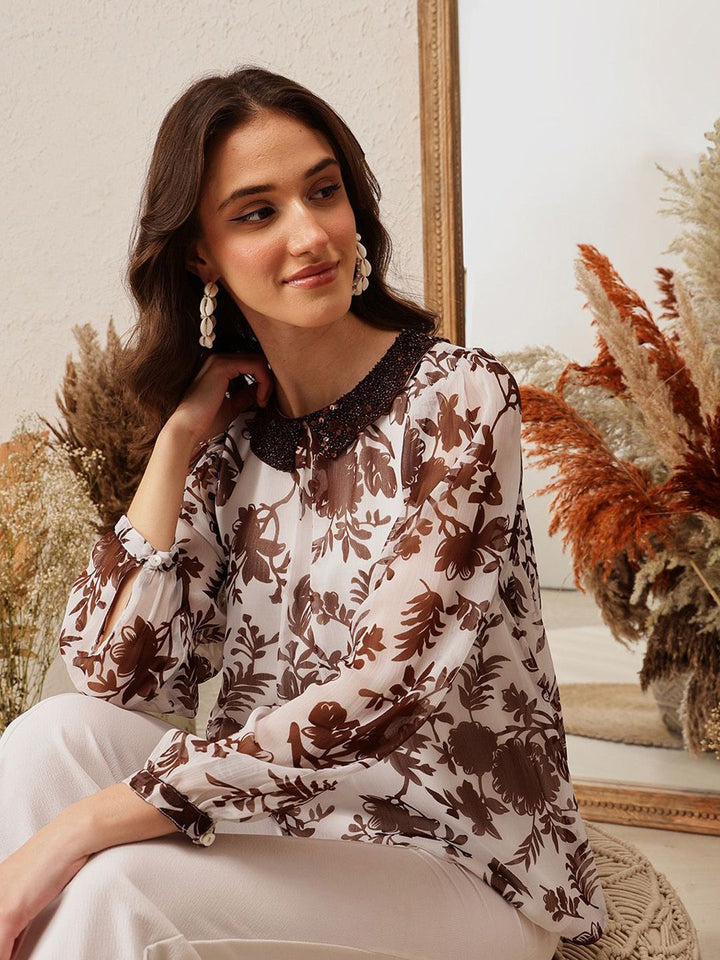 Quiero Women Floral Dicetak Peter Pan Collar atas