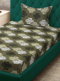 Myntra Elegant Homes Hijau Zaitun & Bunga Putih 400 TC Cadar Single dengan 1 Sarung Bantal
