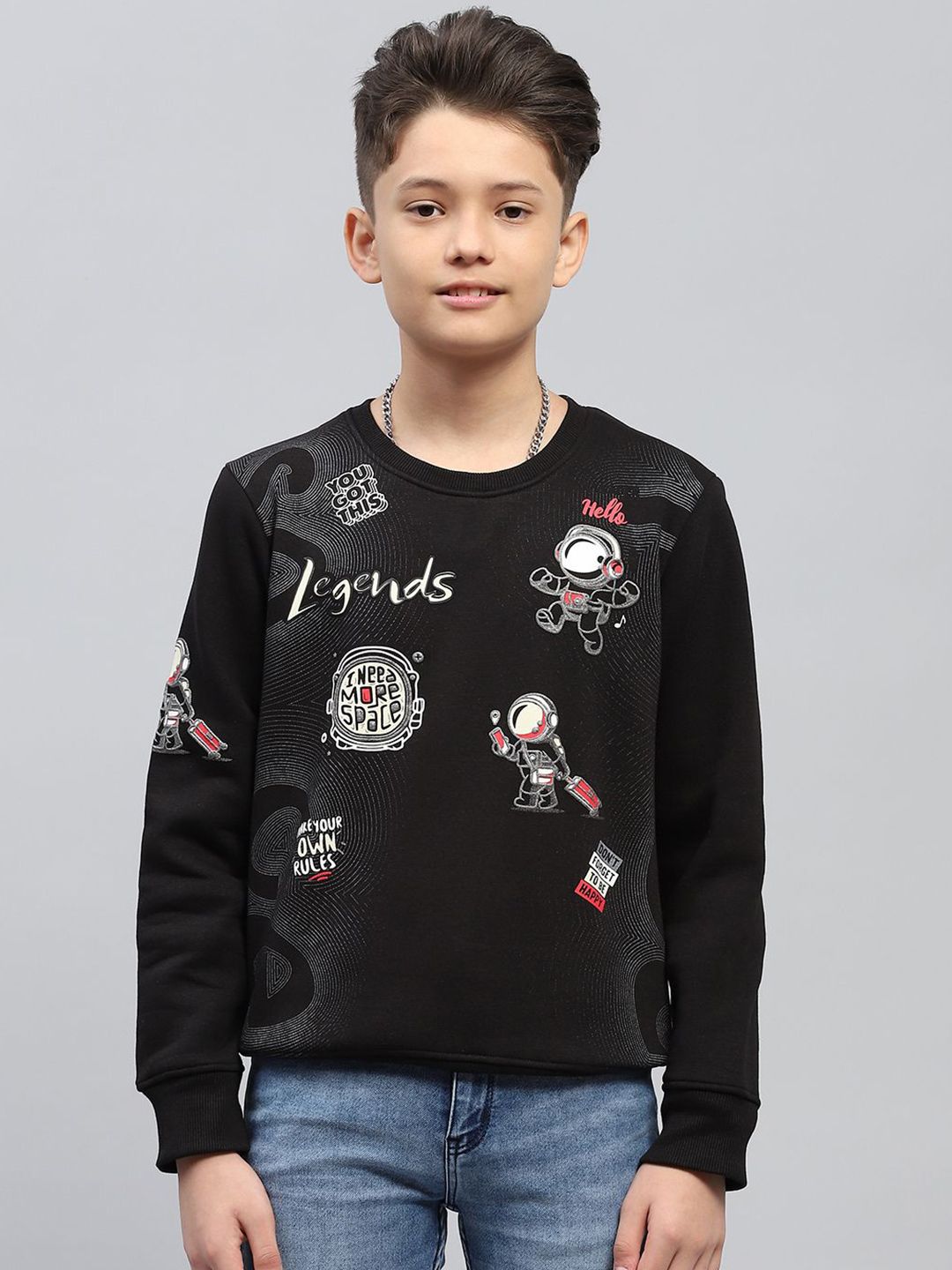 Monte Carlo Boys Black CottonRound neck Long Sleeves Printed Sweatshirt