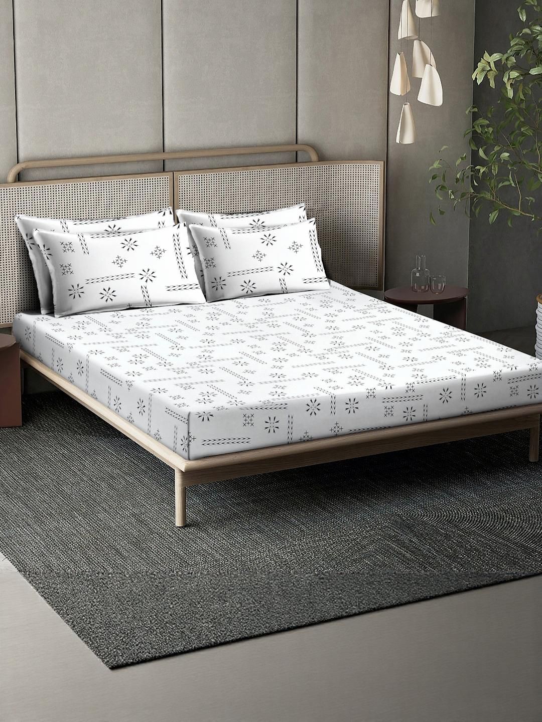 KLOTTHE White Printed Dilengkapi 400TC Kapas Tulen Cadar Super King & 4 Sarung Bantal