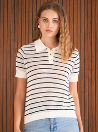SASSAFRAS Stripess Polo Collar Crochet T-Shirt