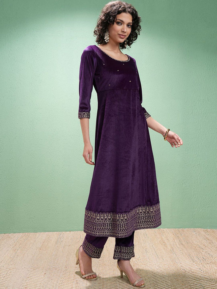 Vishudh Floral Yoke Design Zari Velvet A-Line Kurta With Trouser
