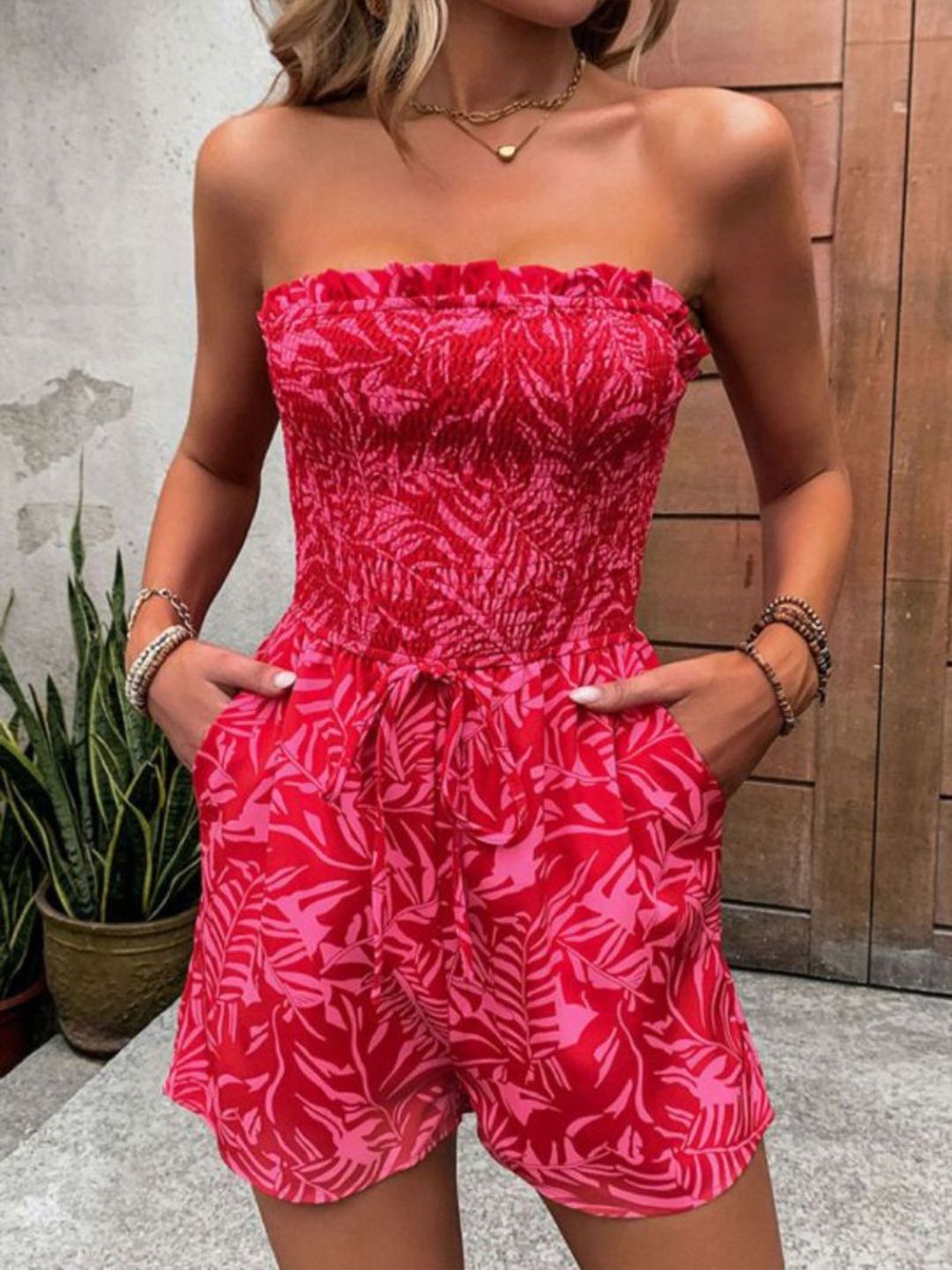 Wanita pakaian jumpsuit bercetak strapless