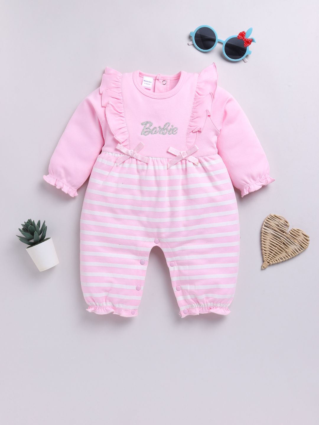Moms Love Infants Girls Striped Pure Cotton Rompers With Ruffle Detail