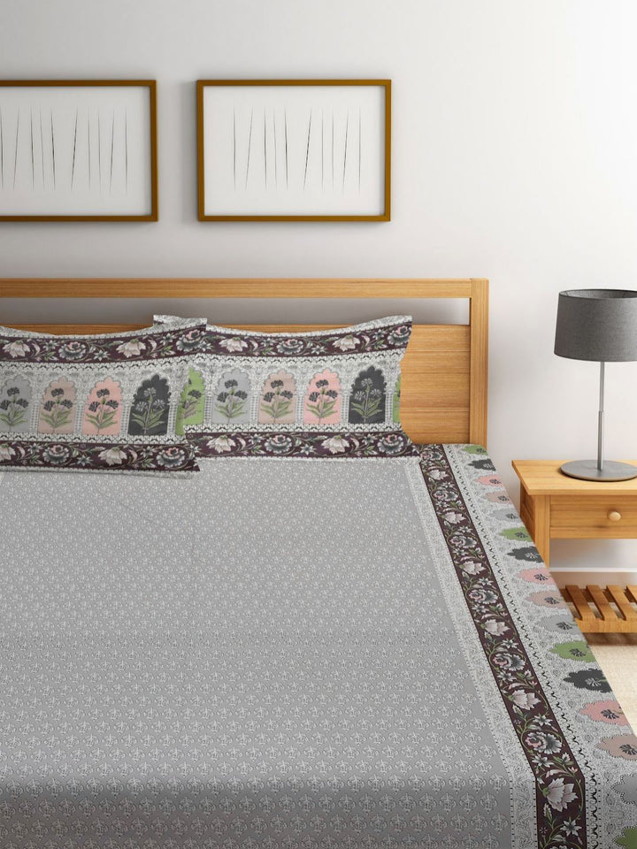Myntra Elegant Homes Grey Ethnic Motifs Cotton 400 TC King Fine Bedsheet with 2 Pillow Covers-250 x 225 cm