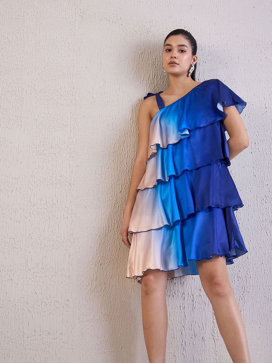 Antheaa Women Tie and Dye Dyed One Shoulder Layered Satin Above Knee A-Line Dress