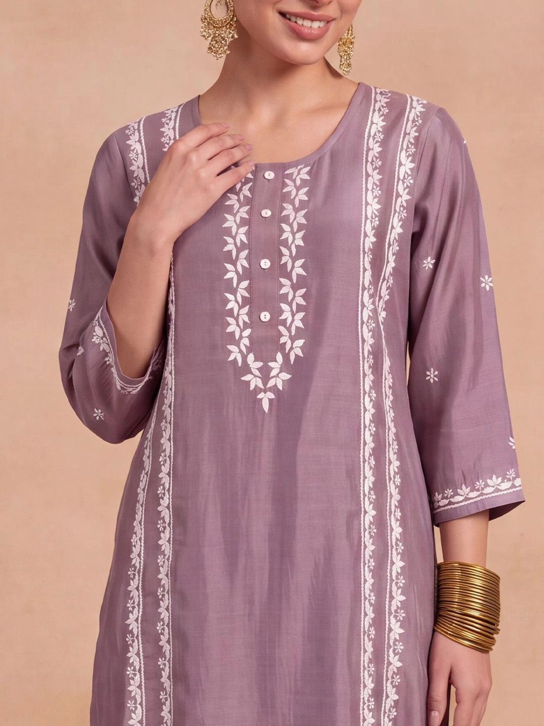 House of Chikankari Women Ethnic Motifs Embroidered Regular Thread Work Kurta with Trousers