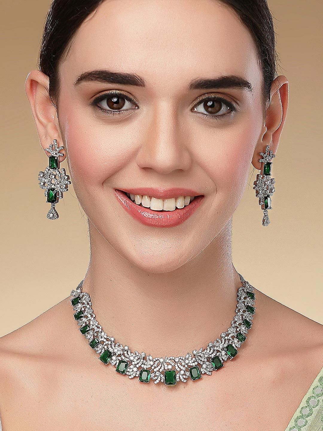 KARATCART Silver-Plated Green AD Stone Studded Jewellery Set