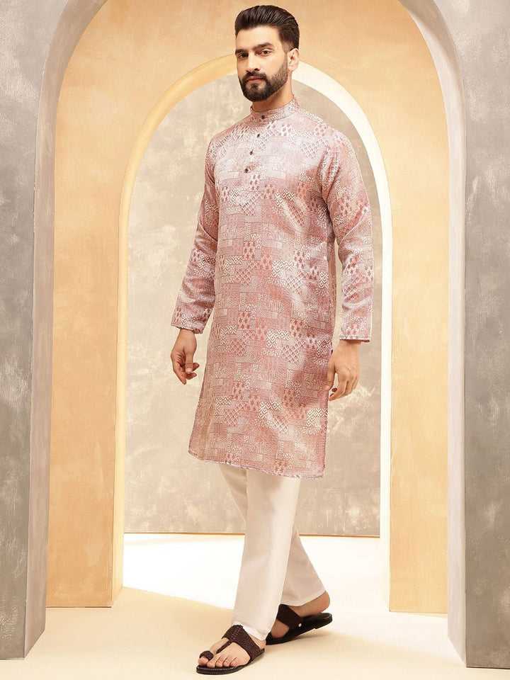 SOJANYA Ethnic Motifs Printed Band Collar Jacquard Silk Straight Kurta
