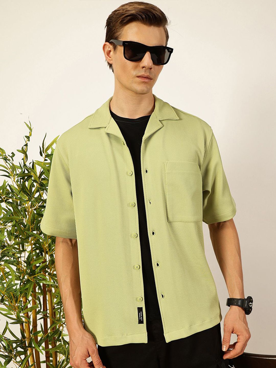 Thomas Scott Men Premium Cuban Collar Textured Cotton Casual Shirt