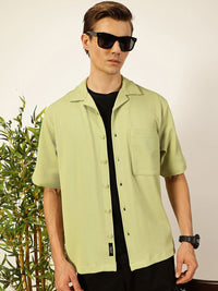 Thomas Scott Men Premium Cuban Collar Textured Cotton Casual Shirt