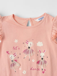 Nauti Nati Girls Printed Round Neck Short Sleeves Pure Cotton Top With Shorts
