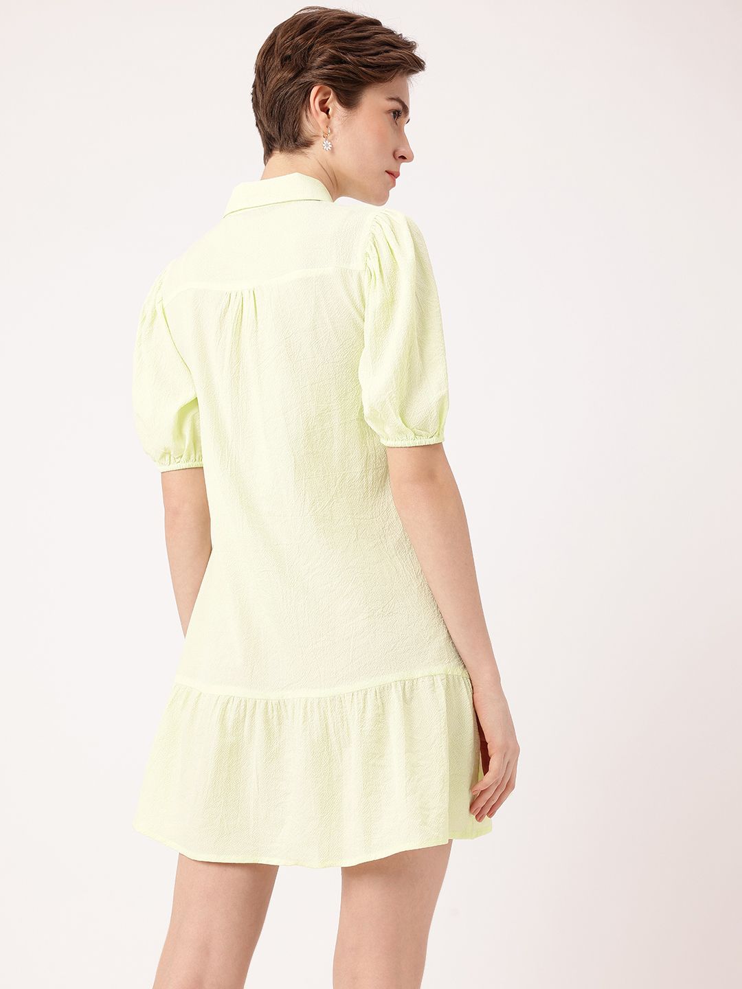 DressBerry Playful Puffed Sleeves Gathers Crepe Shirt Style Mini Dress