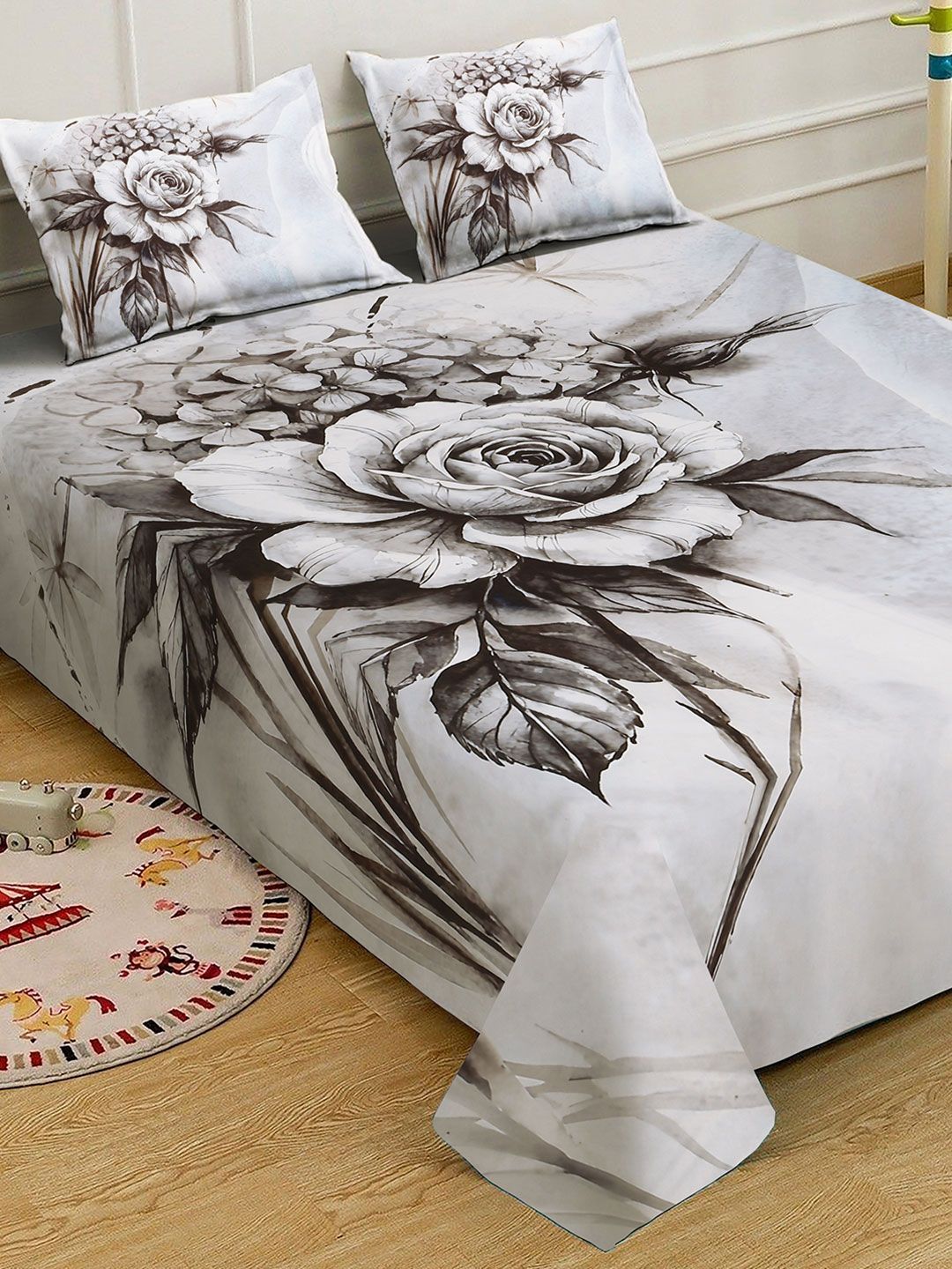 KLOTTHE White & Grey Floral Printed Flat 300 TC King Fine Bedsheet Dengan 2 Sarung Bantal