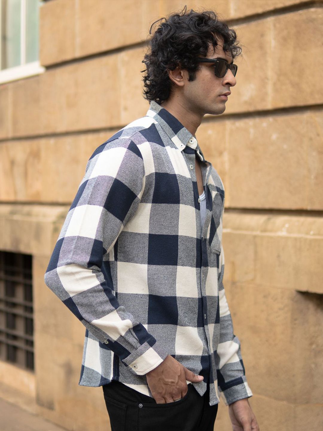 Powerlook Men Slim Fit Windowpane Checked Button-Down Collar Casual Shirt