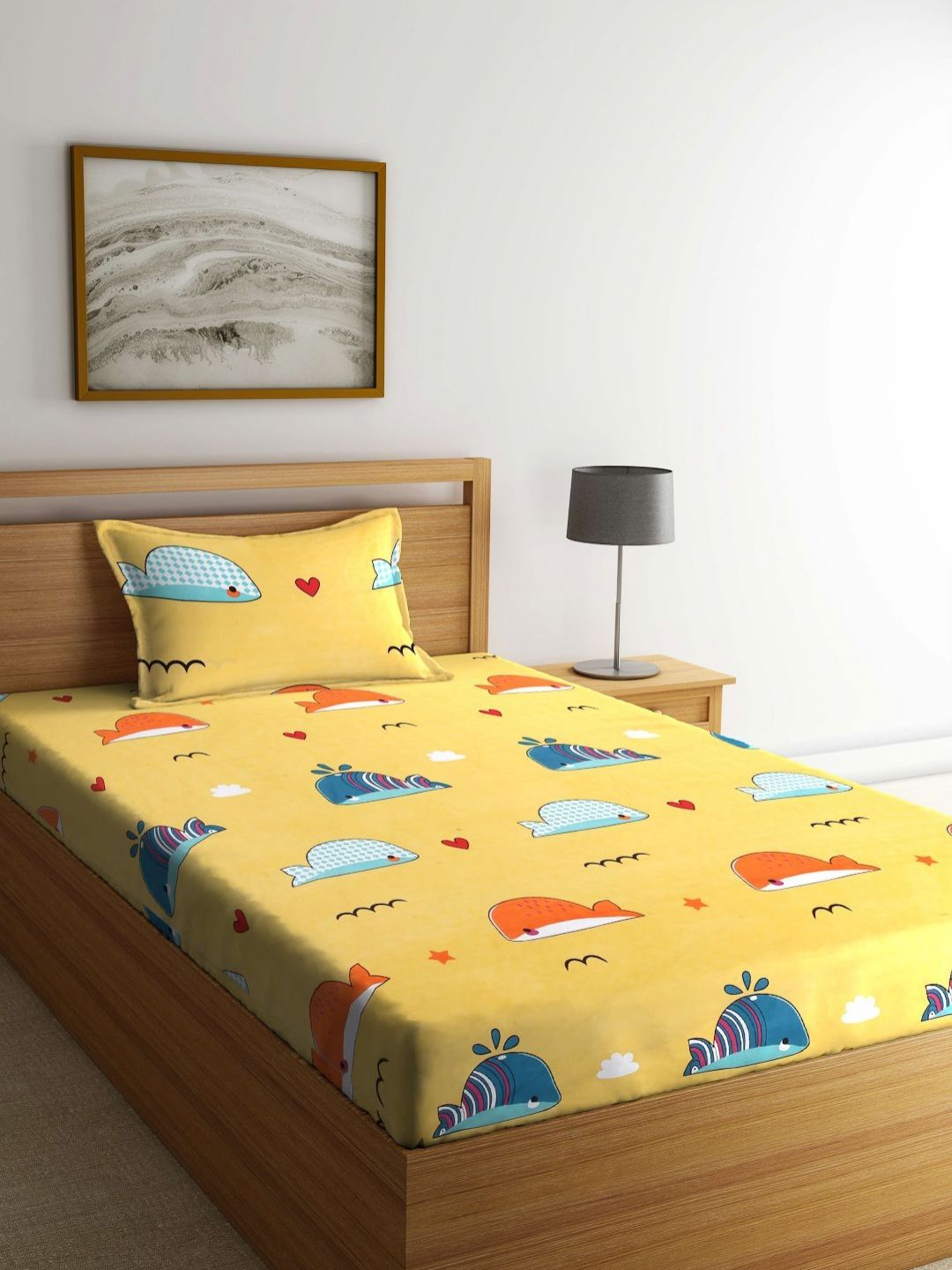 Myntra Elegant Homes Yellow & Blue Printed 300 TC Single Bedsheet Set 2.2 m x 1.5 m