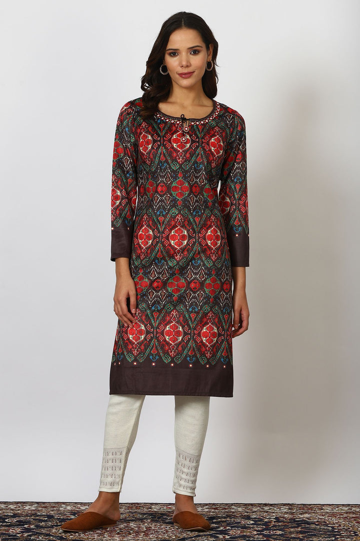 W Ethnic Motifs Printed Mirror Work Keyhole Neck A-Line Kurta