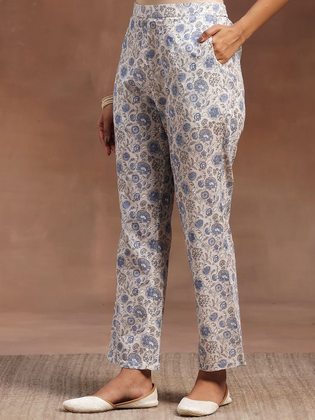 Libas Floral Printed Pleated Pure Cotton A-Line Kurta with Trousers & Dupatta