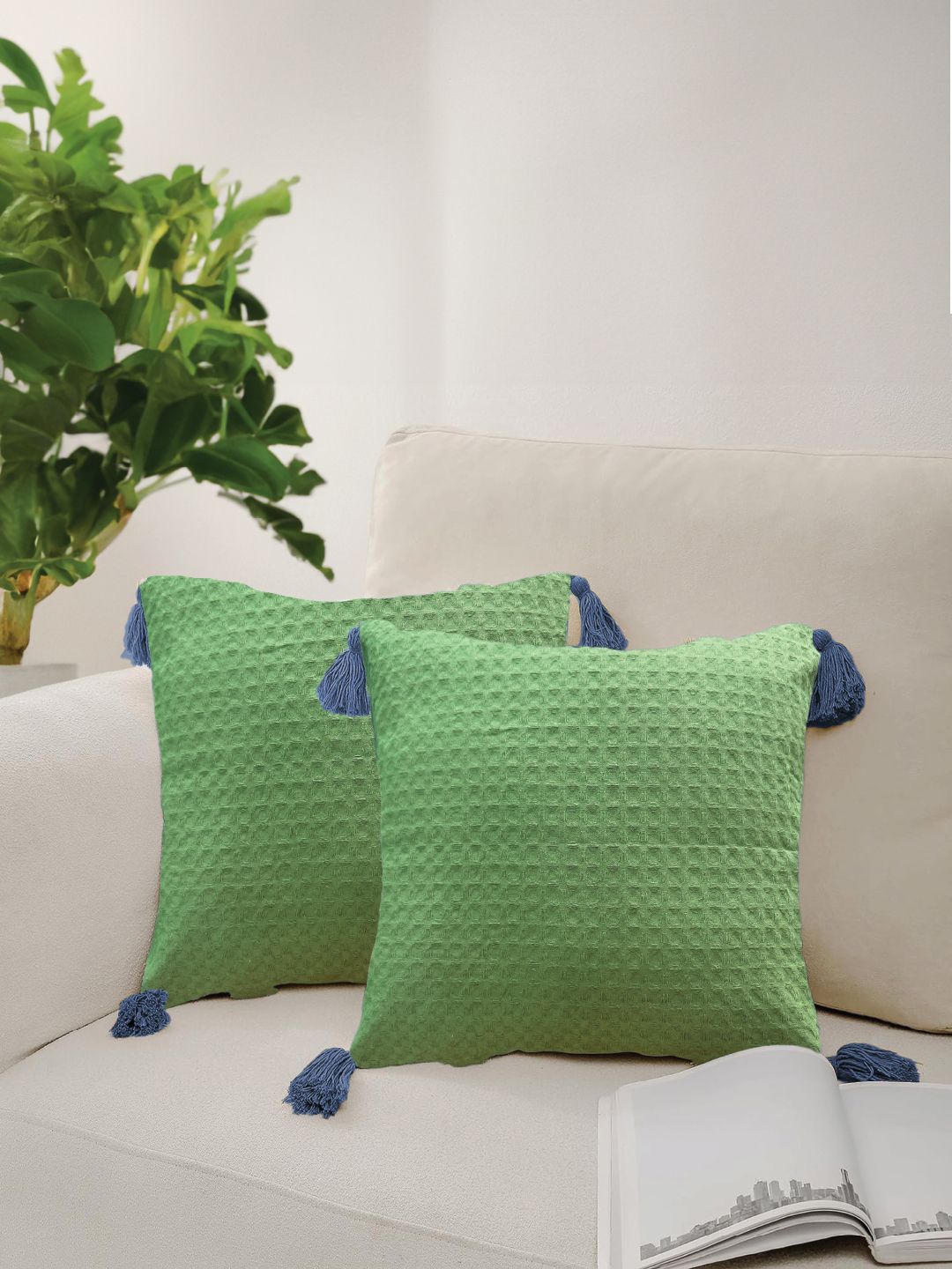 URBAN SPACE Green & Blue 2 Pieces Checked Pure Cotton Square Cushion Covers