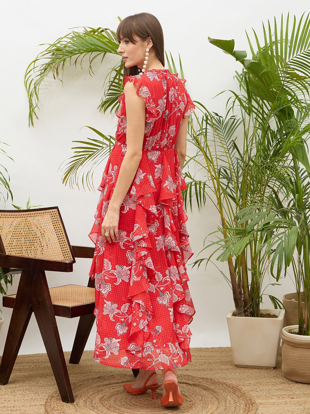 SASSAFRAS Floral Printed Flared Sleeves Ruffled Fit & Flare Maxi Dress