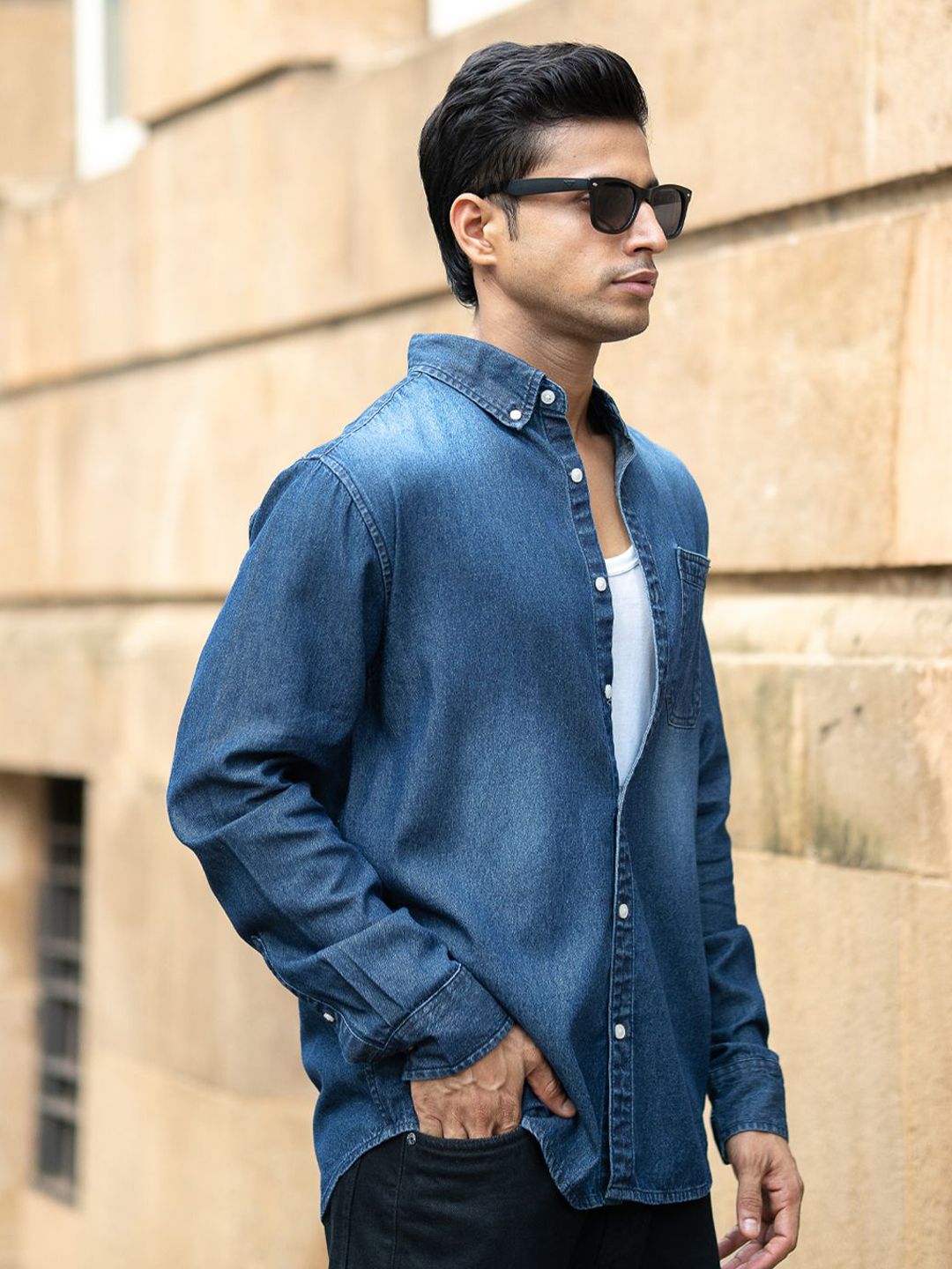 Powerlook Spread Collar Long Sleeves Denim Shirt