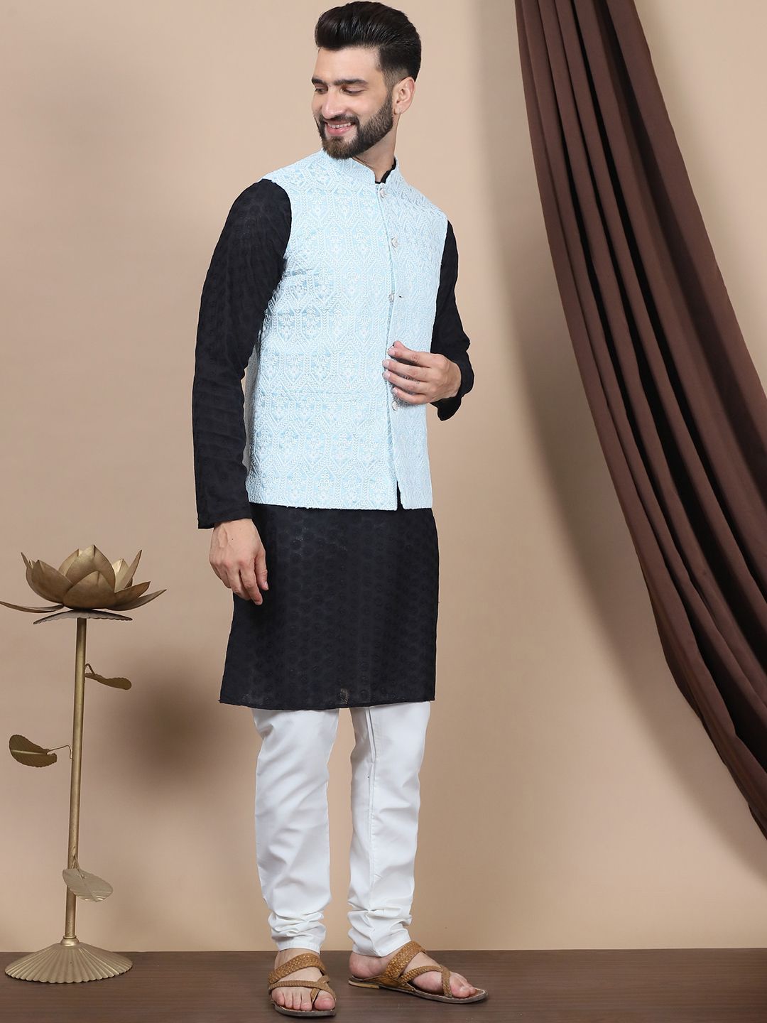 Anouk Black Geometric Woven Design Pure Cotton Straight Kurta & Churidar & Nehru Jacket
