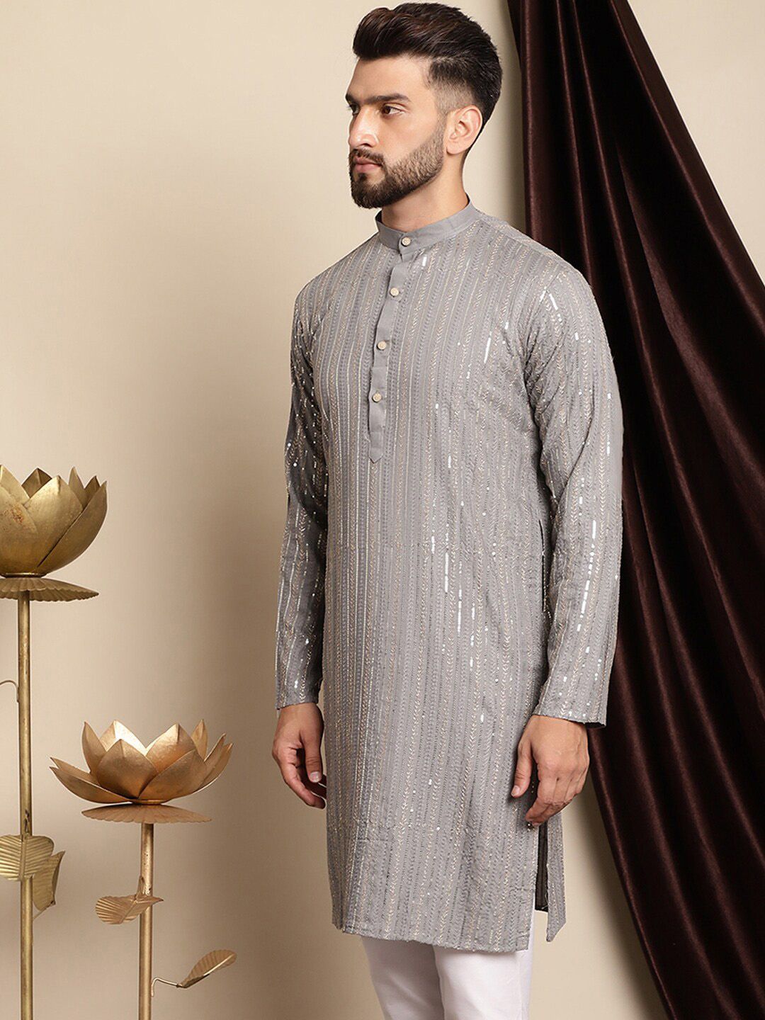 Anouk Floral Embroidered Sequined Pure Cotton Straight Kurta