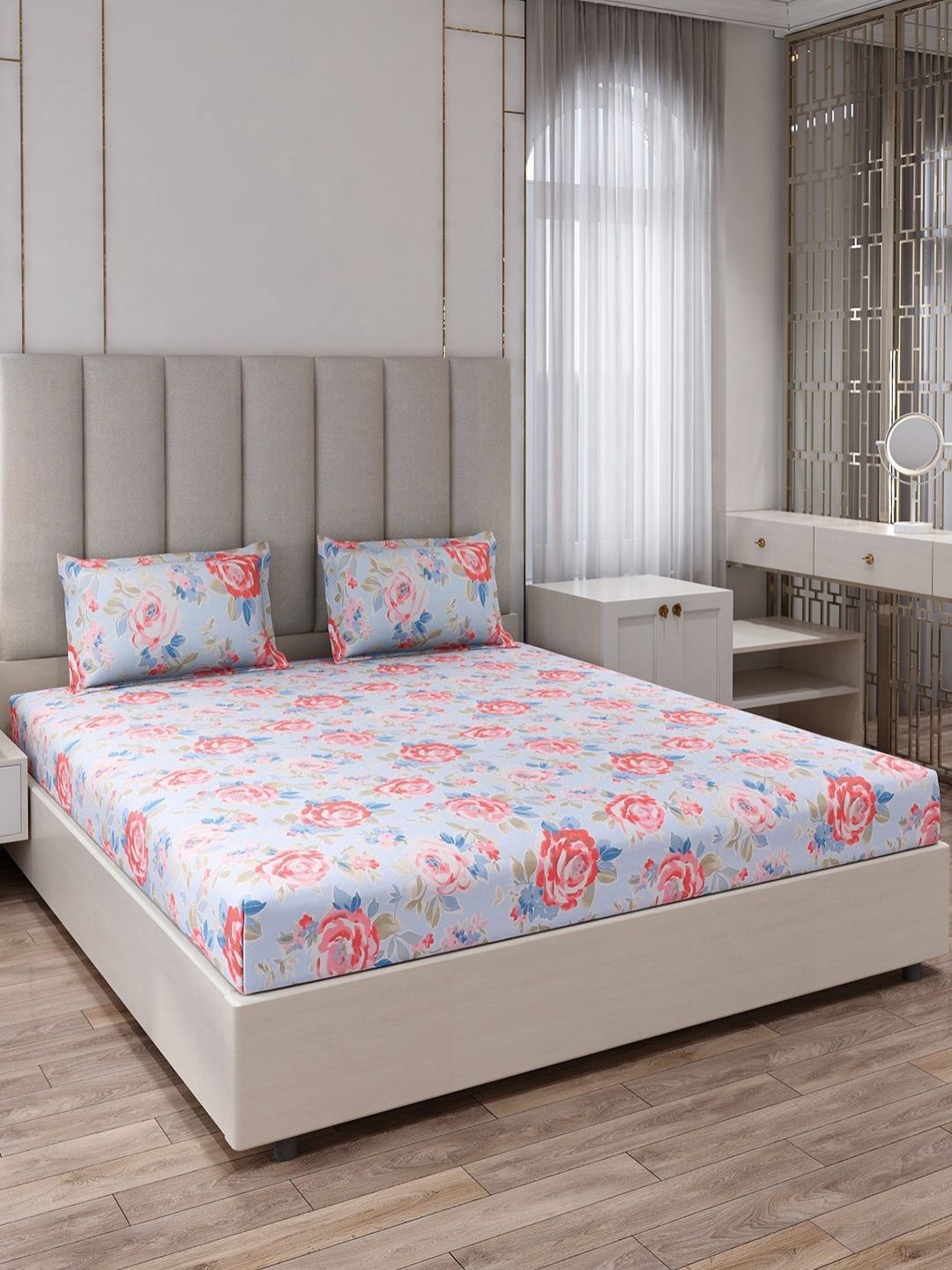 Monte Carlo Blue & Pink Floral Printed 130 TC King Bedsheet Set 2.75 m x 2.75 m