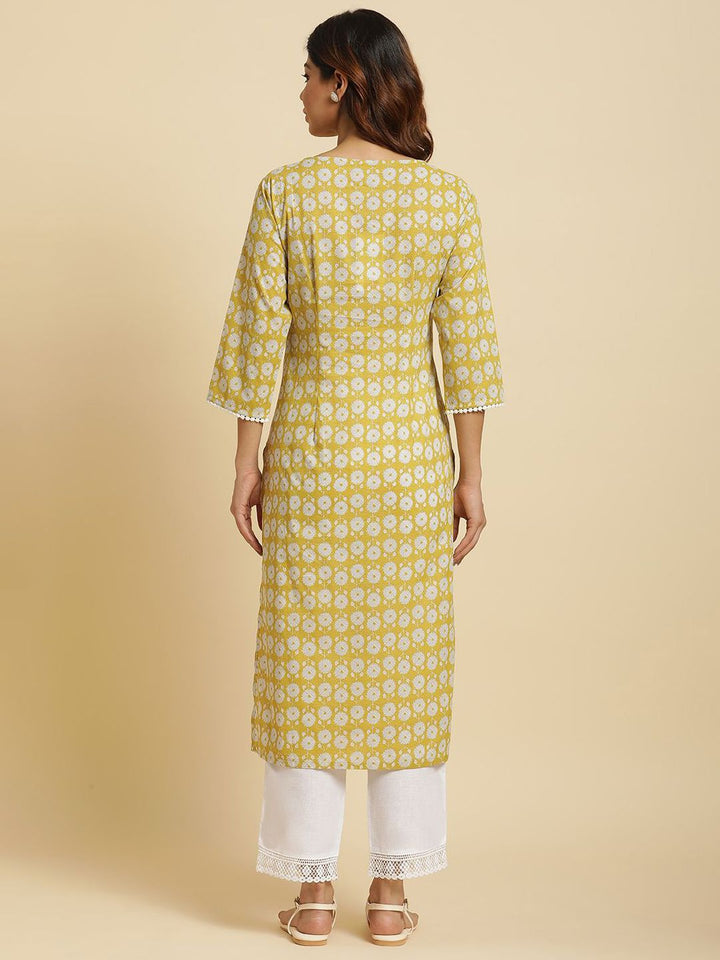 W Geometric Printed Thread Work Cotton Straight Kurta