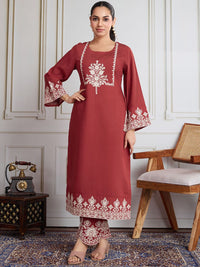 House of Pataudi Floral Embroidered Flared Sleeves Round Neck Straight Kurta With Trouser