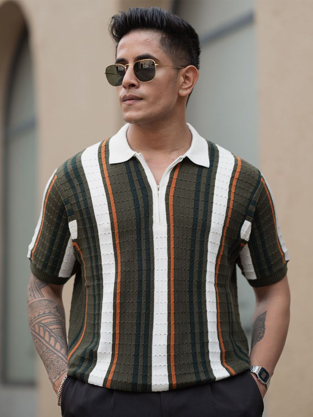 Powerlook Men Striped Polo Collar Pure Cotton T-shirt