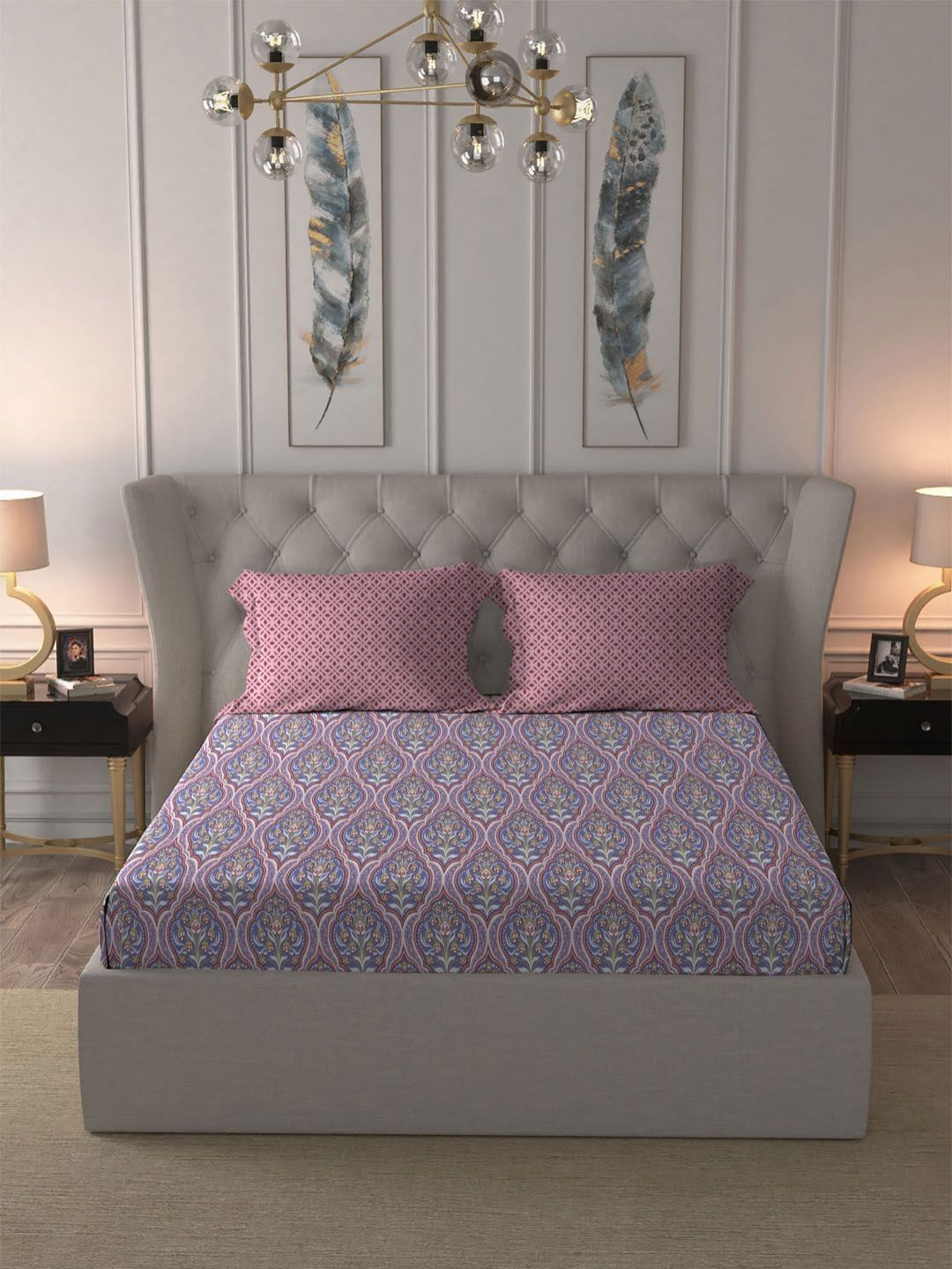 MYTRIDENT Anna Purple Dusk & Dawn Flat 144TC Queen Cotton Bedsheet Set