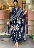 KALINI Floral Printed V-Neck Pleated A-Line Kurta With Trouser And Dupatta