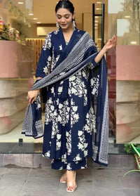 KALINI Floral Printed V-Neck Pleated A-Line Kurta With Trouser And Dupatta