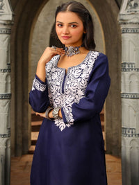 House of Chikankari Women Blue Woolen Aari Sulam Set Kurta
