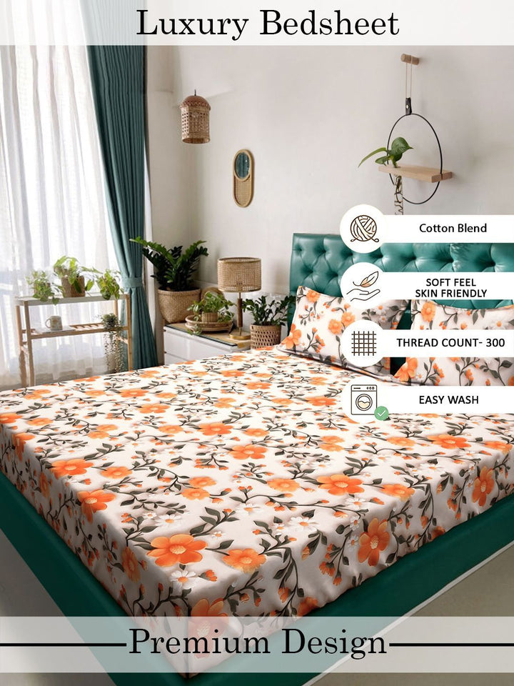 Myntra Elegant Homes Berwarna Krim Bunga 300 TC Cadar King dengan 2 Sarung Bantal