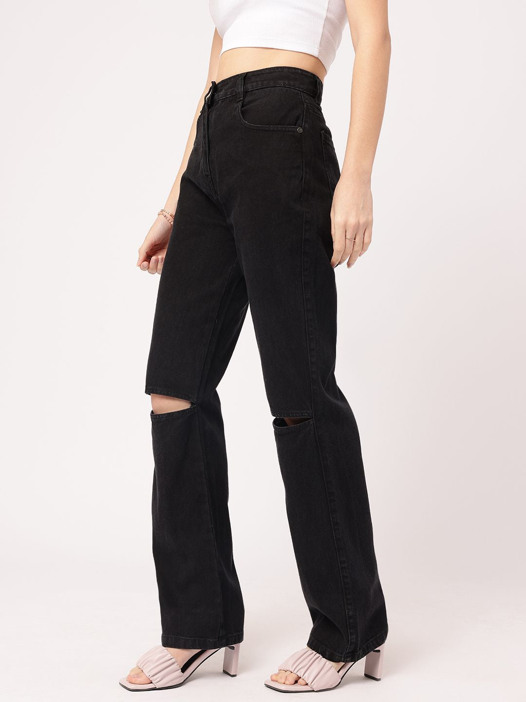 DressBerry Women Rebel Slash Knee Straight Fit Pure Cotton Jeans