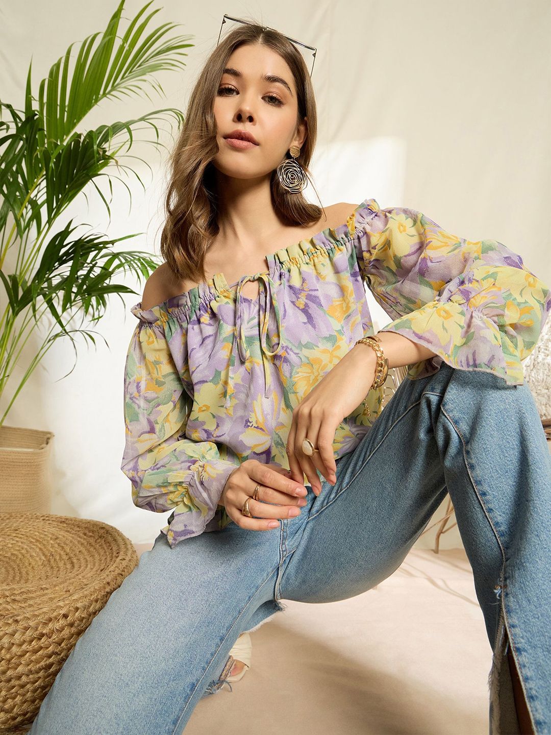 Berrylush Floral Print Off-Shoulder Flared Sleeve Ruffles Georgette Peplum Top