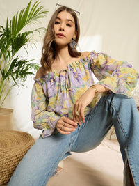 Berrylush Floral Print Off-Shoulder Flared Sleeve Ruffles Georgette Peplum Top